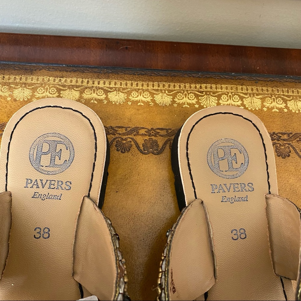 NWOT Pavers England Premium Leather Vegan Beaded Sequence Gold Flip Flop Sandals - Picture 3 of 5